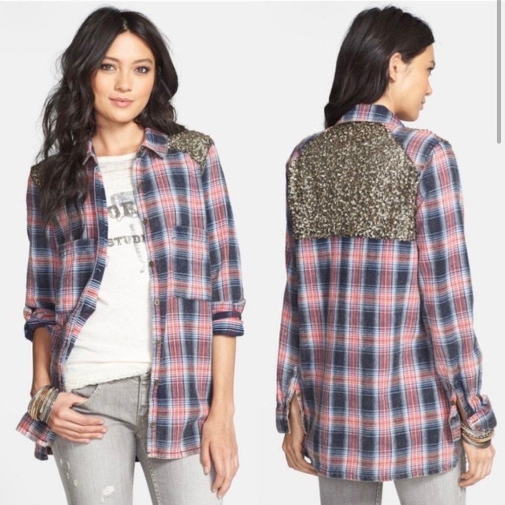Free people flannel and sequin shirt